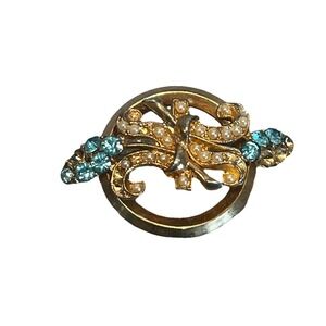 Vintage Brooch Faux Pearls Emerald Rhinestones MCM Unsigned Oleg Cassini- READ